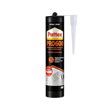 Pattex PRO600 Adhesivo de montaje a base de disolvente, pegamento fuerte de agarre inmediato, pegamento extrafuerte resistente al agua para interiores y exteriores, 1 cartucho x 300 ml
