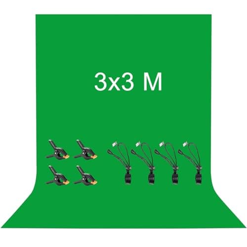 Vevelux Fondo de Fotografía de 3 x 3M, Fondo Fotográfico de 100% Poliéster con 8 Pinzas Grandes de Estudio, Pantalla Verde para Fotografía, Video, Estudio, Cine, Televisión