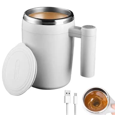 Taza, autoagitadora, recargable por USB, taza de agitación automática, 380 ml, taza de café con tapa, para casa, oficina, viajes (blanco marfil)