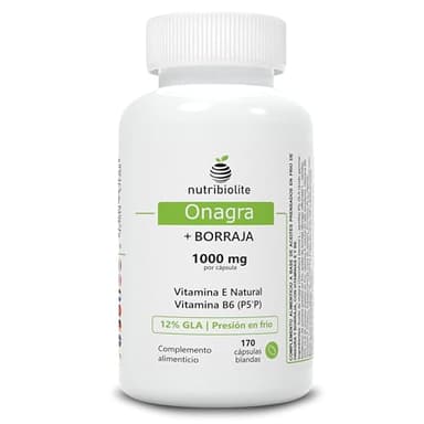 ONAGRA + BORRAJA 1000 mg - 12% GLA, Vitamina E Natural y B6 P5P para Equilibrio Hormonal, SPM, Menopausia y Salud de la Piel | 170 Perlas de Aceite Natural Prensado en Frío - Nutribiolite