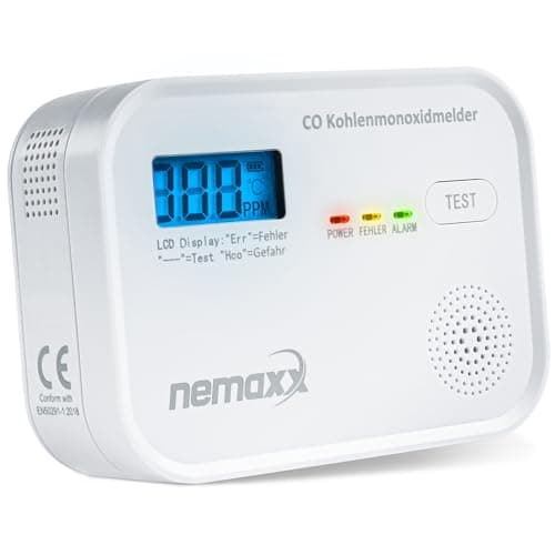 NEMAXX® Detector de Monóxido de Carbono con Alarma Acústica y Visual - Detector de CO para Casa y Caravana/Autocaravana - Detector de Monóxido de Carbono a Pilas