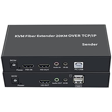 KVM Fibra Extender 20 km, HDMI + USB Fibra Extensor Mando a distancia Teclado y Ratón 3,5 mm Audio/IR Full HD 1080p / 6ohz HDMI a Cable Fibra Óptica Monomodo