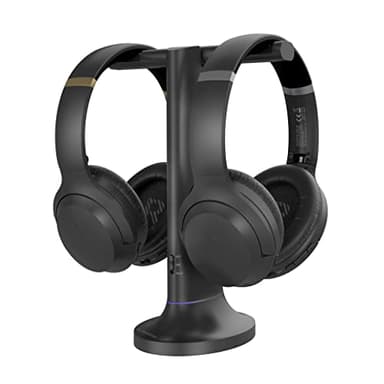 Avantree Duet - Auriculares Inalámbricos Dobles para Ver TV Televisión con Transmisor Base de Carga 2 en 1, Modo de Diálogo Claro y Aumento de Volumen para Personas Mayores, Escalable a 100