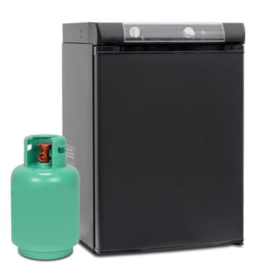 SMETA Nevera Camping 12V 220V Gas, Nevera Trivalente para Furgoneta Camper, Nevera de Gas Butano 60L, Nevera Caravana, Mini Frigorífico Pequeño para Van, RV, Camión, Yate, Silenciosa, Negra