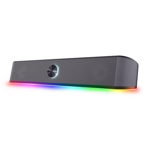 Trust Gaming Barra de Sonido con Iluminación RGB GXT 1619 Rhox, Altavoces PC Gaming Estéreo 2.0 12W, Alimentación USB, 3,5 mm Jack, Altavoz Pequeño para PC Ordenador Portátil TV, Negro/Gris