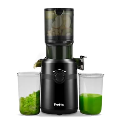 Fretta Extractor de Zumos y Verduras, Apertura de 108MM y Capacidad de 1L, Licuadora Prensado en Frio para Frutas Enteras, 200W Slow Juicer Machine, Montaje y Limpieza Rápidos, Sin BPA(Negro, 1L)