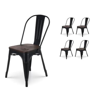 Kosmi Lote de 4 sillas de Estilo Industrial Negro y Madera Industrial en Metal Negro Mate y Asiento de Madera Oscura