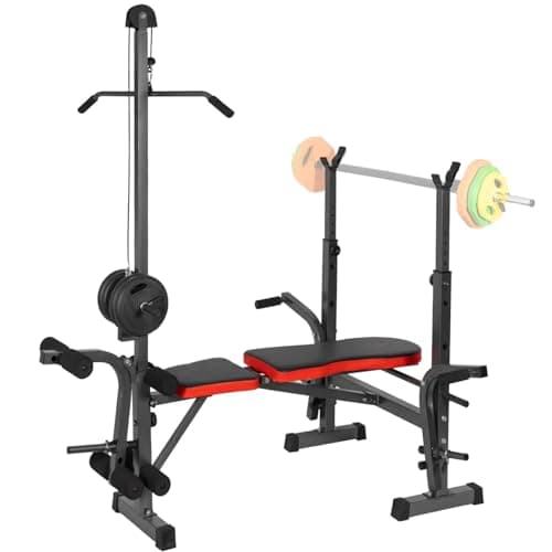 EIGFOH Banco de Pesas Multifuncional Banco de Musculación Plegable, Banco Abdominales Respaldo Ajustable Soporte de Barras con Entrenador de Polea, Banco Musculación Gym en Casa