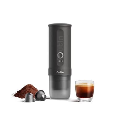 OutIn Nano Cafetera Espresso Eléctrica Portátil, Cafetera de Viaje para Camping, Cafetera de Coche Autocalentable con USB-C, Con Café Molido y Cápsula NS para RV, Senderismo, Oficina