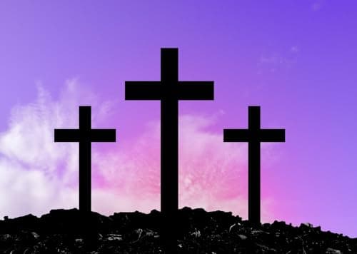 CORFOTO 1.5x1.2m Fondo de crucifixión con Cruz de Jesucristo Fondo de Cruz Tres Cruces en la montaña Fondos de Cielo Morado Decoración para Fiestas y Eventos en Iglesias