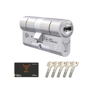 M&C Minos Bombín Cerradura Alta Seguridad Anti Topolino Leva Larga Doble Embrague Máxima Seguridad SKG 3 Estrellas Anti Bumping Resistente Taladro Tecnología Suiza Níquel 5 Llaves Incluidas