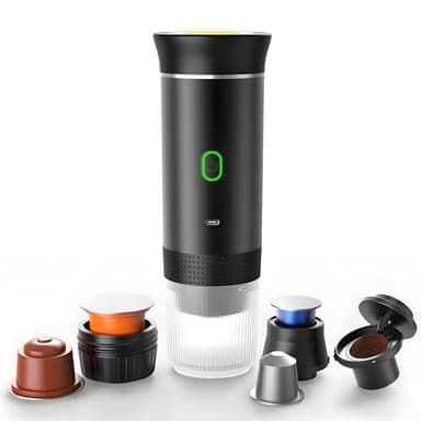 Winwj Cafetera portátil eléctrica de cápsulas, con batería para camping y viajes, cafetera de 12 V para coche con autocalentamiento, compatible con cápsulas NS y café molido
