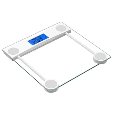 Homebuds Bascula de Baño, Alta Precisión Asegurado por Balanza Peso Corporal Professional Factory DESDE 2001, LCD retroiluminado azul y Step-On, 2*AAA Incluidas, 400lb/180kg, Vidrio Transparente