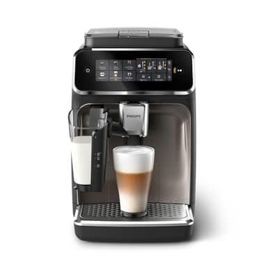 PHILIPS Serie 3300 Cafetera Superautomática - Sistema de leche LatteGo, 6 tipos de cafe, pantalla táctil, SilentBrew, Molinillo Cerámico, filtro AquaClean, Cromo negro (EP3347/90)
