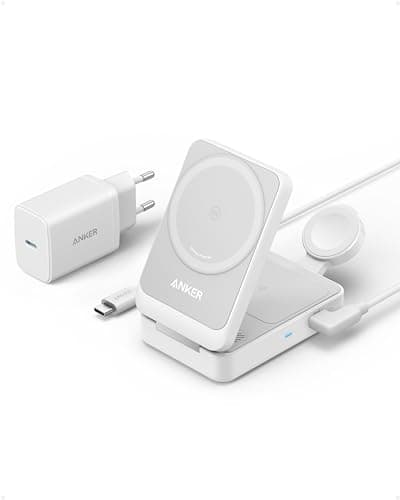 Anker MagGo 3 en 1 Cargador Inalámbrico iPhone 15W MagSafe, Cargador iPhone Soporte de Carga 15W Certificado Qi2, iPhone 16/15/14/13 Series, AirPods, Apple Watch 9 (Enchufe Incluido)
