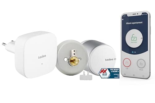 tedee GO Smart Lock con WiFi y aplicación de acceso remoto Bluetooth, cerradura inteligente con Alexa Loxone Fibaro Smart Home, desbloqueo automático, plateado (adaptador de cerrojo + barra + puente