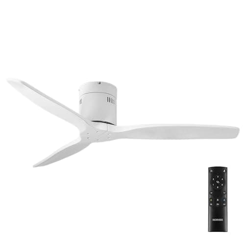 NORHES Kent Ventilador Techo Sin Luz Blanco/Madera Blanca. 3 Aspas Ø132cm. Motor DC. Verano/Invierno. 6 Velocidades. Control Remoto Temporizador. Bajo Consumo Silencioso. Brisa Natural