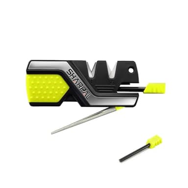 SHARPAL Afilador de cuchillos de bolsillo 101N-G con 2 arrancadores de fuego, afila todo tipo de cuchillos para exteriores y cocina, hoja dentada, carburo de tungsteno, cerámica fina y diamante