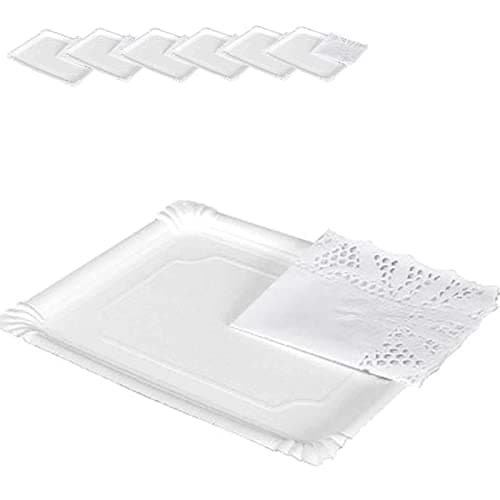 Tradienur - Pack de 6 bandejas y blondas Redondas - Fabricación de cartón Que Incluyen blondas caladas 100% reciclables - Apto para Uso alimentario - 34 x 42 cm - Color Blanco