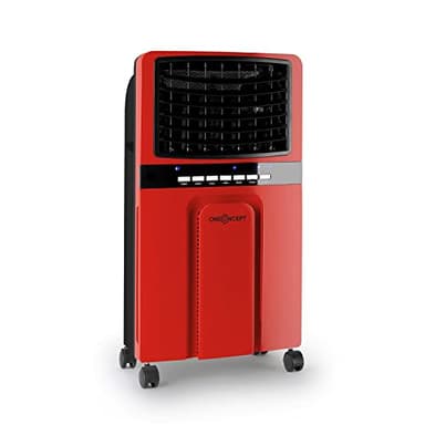 OneConcept Aire Acondicionado Portátil de Bajo Consumo con Purificador, Humidificador, Pinguino con Mando y Tanque 6L, 2 Packs Frío, Refrigerador con Flujo 400 m³/h, Aparato de Aire 65W Rojo