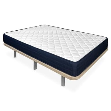 amuéblate online - Cama Completa con Colchón Naran Reversible + Base Tapizada Extra Reforzada con 6 Patas Cilíndricas Metálicas Roscadas, 105 x 190, Beige