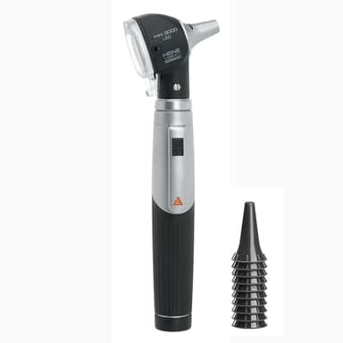 Otoscopio Médico Profesional HEINE Mini 3000 LED Portátil: Negro de Alta Calidad con Mango a Pilas y kit de Espéculos Desechables, Ideal para Profesionales Médicos.