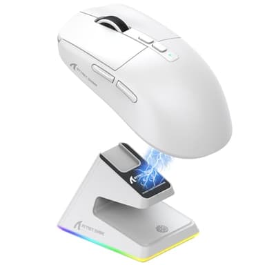 ATTACK SHARK X6 Ratón SUPERLIGHT de 49 g con base de carga magnética, sensor de juegos PixArt PAW3395, ratón para juegos inalámbrico/con cable BT/2.4G, 26000 DPI, ratones de oficina mejorados (blanco)