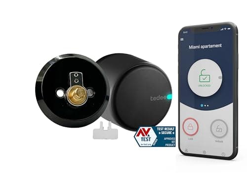 tedee Go Smart Lock con Bluetooth, AutoLock y aplicación, cerradura inteligente de puerta delantera de acceso sin llave para cerrojo de un solo cilindro, negro (adaptador de cerrojo + barra)