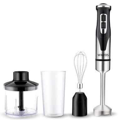 Batidora de mano de 2000 W 4 en 1, batidora de mano, batidora de cocina, gran botón de control de 2 velocidades y modo turbo, picadora, vaso de 500 ml, batidor, vaso de 600 ml para purés, batidos
