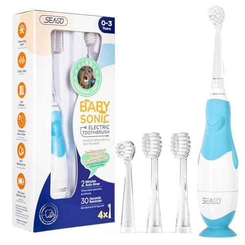 Seago Cepillo de dientes eléctrico para niños de 6 meses a 4 años, cepillo de dientes sónico para bebés con cepillo de luz LED, temporizador inteligente impermeable IPX7, SG513 (513 Azul)…