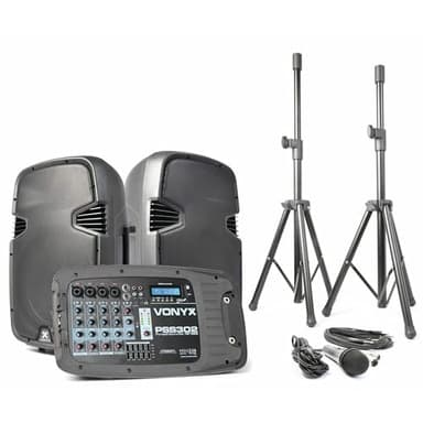 Vonyx PSS302 Sistema PA Set Completo Altavoces con Mezclador, Sistema de Sonido, 300 W, Set de Altavoces PA con Micrófono y Trípodes, Bluetooth, USB, SD, Mando a Distancia, DJ, Cantante, Conferencias