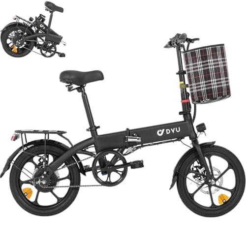 DYU Bicicleta Eléctrica Plegable, 16 Pulgadas Ebike con Indicador de Bateria, 36V 7.8Ah Inteligente E-Bike con Cesta Extraíble, Estante Trasero, Pedal Asistido, Unisex Adulto (Negro)