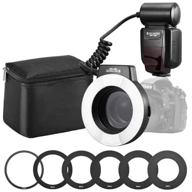 Flash Macro Nikon - K&F Concept Flash Anular Anillo para Nikon Compatible con i-TTL, Inalámbrica Pantalla LCD y 6 Anillos de Adaptadores 52MM 55MM 58MM 62MM 67MM 77MM para Cámara DSLR Nikon
