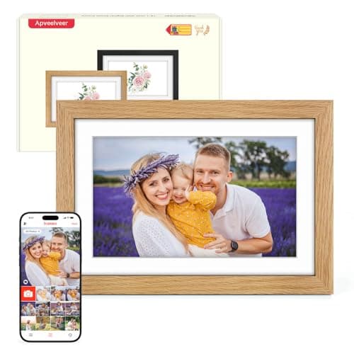 Marco de Fotos Digital WiFi con 32GB Memoria, Marco Digital 10.1" con Pantalla Táctil IPS HD de 1280 * 800, Montaje en Pared, Comparte Fotos/Videos a Través de la Aplicación Frameo, Madera de Roble
