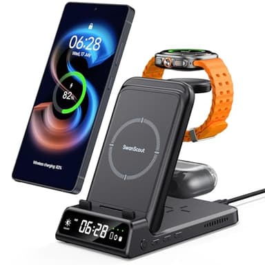 SwanScout Cargador Inalámbrico para Samsung S25 Ultra, SwanScout 703S, Estación de Carga Inalámbrica para Samsung S25+/S25/S24/S23/S22/Fold 6, Galaxy Watch Ultra/7/6/5/4, Galaxy Buds (No Adapter)