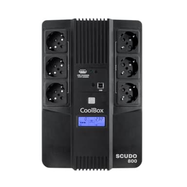CoolBox SCUDO3 SAI 800VA Sistema de Alimentación Ininterrumpida UPS 800A/480W con Pantalla LCD, 8 Minutos de Autonomía, 6 Tomas Schuko 1 Puerto USB, 2 Puertos RJ-45 (In & out), Software de Control