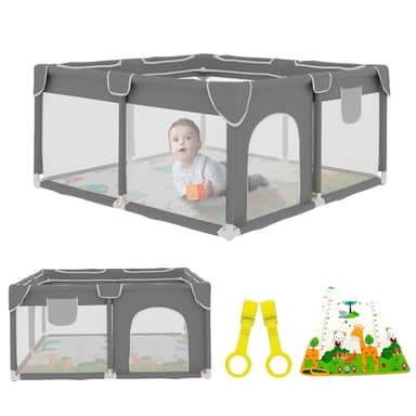 JUPPLIES Parque Infantil Bebe 120x120cm + Alfombra Bebe – Corralito Bebe con Malla Transpirable – Parque de Juegos Bebe Plegable con Puerta Lateral – Playpen Bebe - Gris