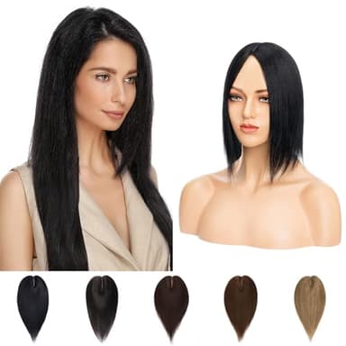 18"(45cm) Prótesis Capilar Mujer Pelo Natural Clip Postizos Postiza 100% Cabello Humano Remy Hair Topper Toupee Capilares Encaje Base 7cm*13cm 53g #1 Negro Intenso