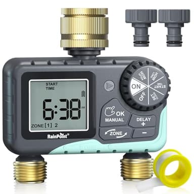 RAINPOINT Ordenador de riego de 2 salidas con entrada y salida de latón, retardo de lluvia/manual/automático temporizador de riego programable para jardín