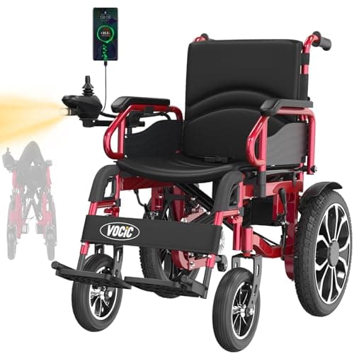 VOCIC V56 Silla de ruedas electrica plegable ligera 150KG,30KM silla ruedas electrico estable con neumáticos de goma 40CM para todos los terrenos,Aprobado por la aerolínea,Garantía de 5 años (Rojo)