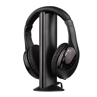 Karlak Auriculares inalámbricos multifuncionales 5 en 1 FM Hi-Fi emisor y receptor de auriculares inalámbricos con radio FM, monitor de TV, auriculares inalámbricos con cable con micrófono para