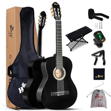 Winzz Guitarra Clásica 4/4 Starter Kit 39» para Principiantes con Reposapiés, Soporte con Ganchos de Pared, Diapasón, Afinador, Funda, Paño de Pulir - 6 Cuerdas de Nylon, Negro Brillante