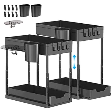 Eufrozy 2 Paquete Organizador Bajo Fregadero, Almacenaje Debajo Fregadero de 2 Niveles Regulable en Altura con 8 Ganchos 2 Tazas 1 Jabonera, Estante Bajo Fregadero Deslizante para Cocina Baño