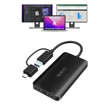 USB 3.0 to HDMI Splitter Extended Display Dual Monitors, USB 3.0-A/C Vers Dual HDMI Adapter 4K@30Hz+1080p@60Hz Compatible con MacBook/MacBook Pro Air DELL (MST Support MacOS/Windows)
