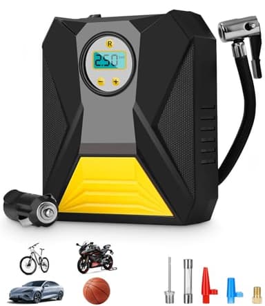 Toaren 12V Inflador de Ruedas de Coche Compresor Aire Portátil Compresor Aire Coche, Hinchador Ruedas Compresor con Adaptadores de Boquilla y Luces LED Digitales, Autoapagado, para Neumáticos de Coche