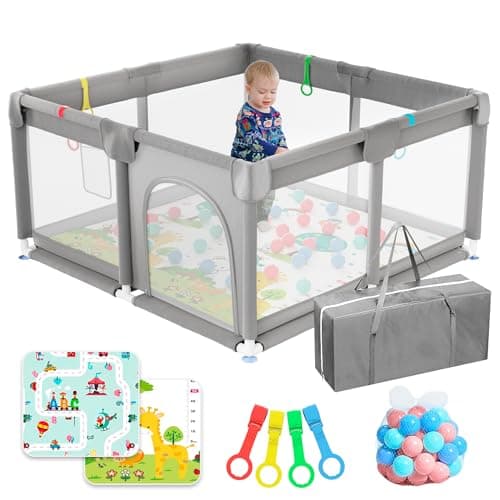 JUPPLIES Parque Infantil Bebe 120x120cm + Alfombra Bebe + 50 Bolas + Agarraderas + Bolsas de Transporte – Corralito Bebe con Malla Transpirable – Parque de Juegos Bebe – Playpen Bebe - (Gris)