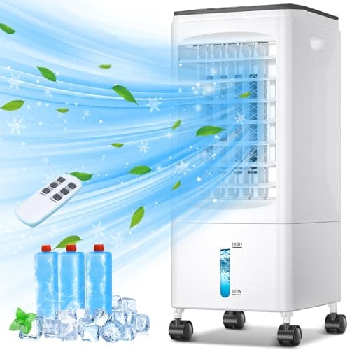 Aire Acondicionado Portátil, Enfriador de Aire Grande 4 en 1, 5.5L Tanque, Climatizador Evaporativo 60W, Temporizadores de 1-7 H, 2 Modos 3 Velocidades, con Ruedas, Control Remoto para Hogar Oficina