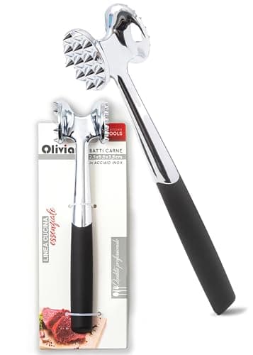 IPEA Martillo Carne de Acero Inoxidable con Mango Cómodo de goma – 22,5 cm – Ablandador Batidor de carne de doble cara para machacar carne, hamburguesas, chuletas, filetes, pollo – Martillo de cocina