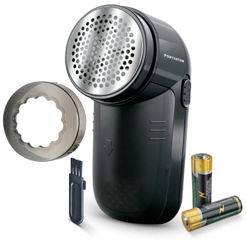 PORTENTUM Quitapelusas eléctrico - Eliminador de Pelotillas para Ropa, Cuchillas de Acero Inoxidable. Contenedor de Pelusas Desmontable. Pilas Incluidas. Accesorios: Cepillo para Limpieza