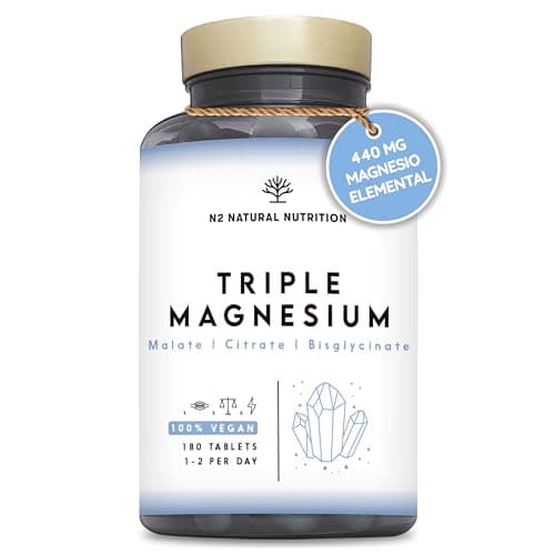 Citrato de Magnesio 1440mg + Magnesio Bisglicinato 600mg + Malato 600mg. 440mg de Magnesio Elemental de Alta Biodisponibilidad. Reduce Cansancio, Alivia Dolor Articulaciones y Músculos. 3 meses. N2